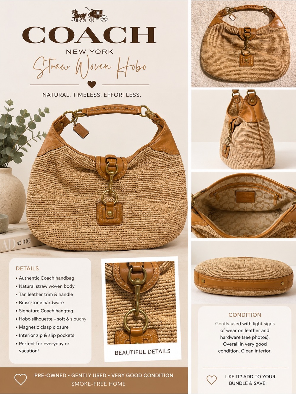 Coach Straw Woven Hobo Bag in Natural and Tan Leather Trim